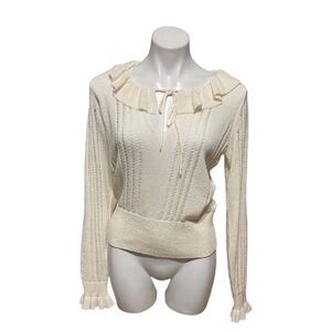 H&M Divided Line Cream Burnout Knit Sweater with Ruffles and Tie-Front NWT Sz M